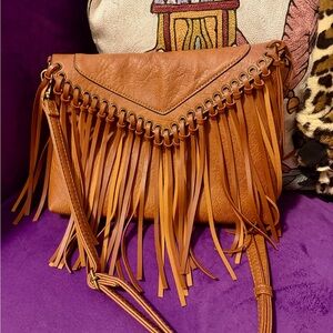 Chic Tan faux Leather Crossbody Bag with Fringe